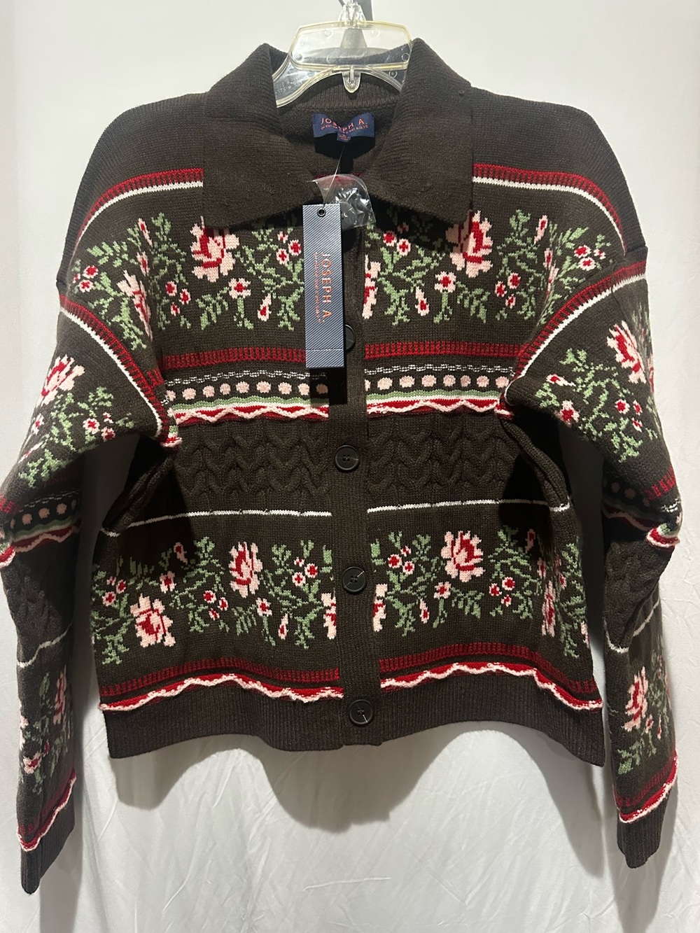Joseph Dark Brown Floral Button-Up Cardigan with Red and Pink Accents